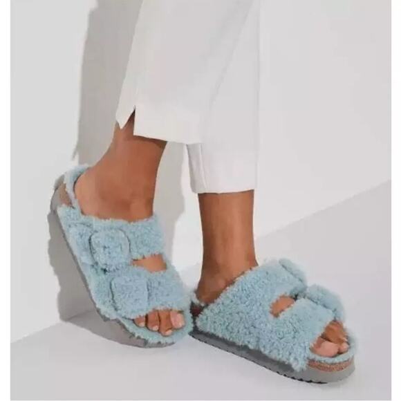 Birkenstock Arizona Big Buckle Shearling Slide Sandal in Blue Faded Aqua NEW 39 - Picture 2 of 11